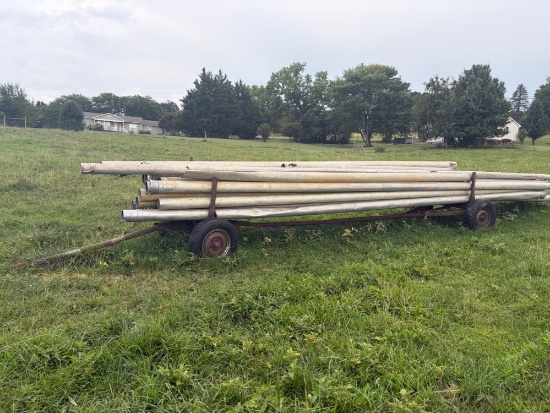 Steel wagon, with irrigation pipe, 30 foot pipe, 5â€� diameter, 18 foot wagon, waderain brand pipe,