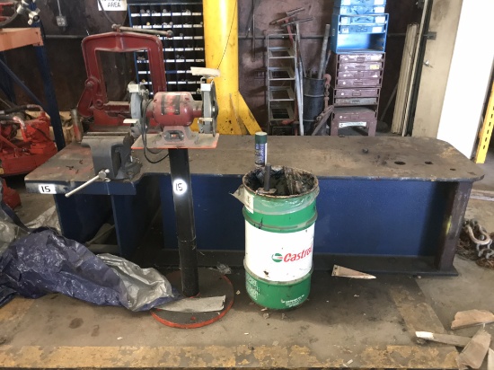 Heavy Duty Shop Table w/ (2) Vises & 8" Bench Grinder