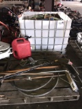 Pallet of Shop Brooms & Metal Container of Misc Parts