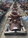Row of Pallets of Misc Tong Jaws, Tong Parts, Elevator Bodies & Casing Tools