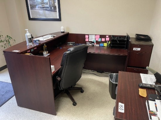 Reception Desk, 2 Drawer Lateral File, Office Chair, (2) Leather Arm Chairs, End Table, 4 Drawer Met