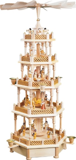 Handmade  Richard Glaesser Pyramid of the Nativity of Christ 28 inch tall, natural, 4-tier with game