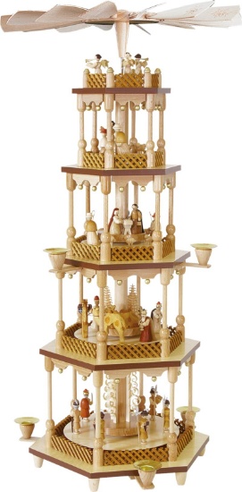 (2) Handmade 28 inch Richard Glaesser Pyramid Nativity natural 4-storey from Seiffen in the Ore Moun
