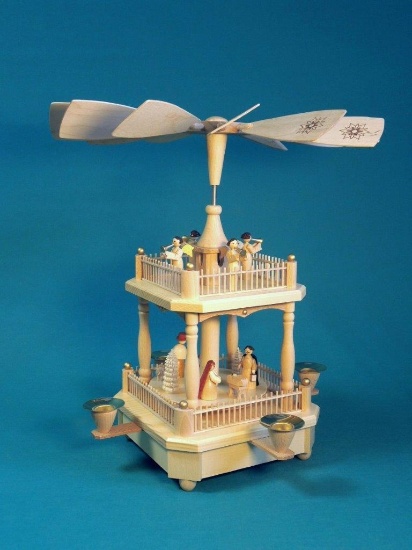 (5) Handmade 13 inch 2 Tier German Pyramid Nativity with Holy Family and Angels, RETAIL $162