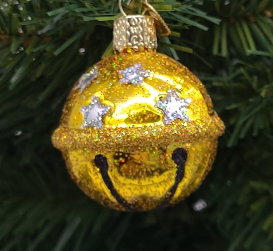 (3) Blown Glass Hanging Gold Jingle Bell Christmas Ornament; (6) Masked Jolly Jack O'Lantern Ornamen