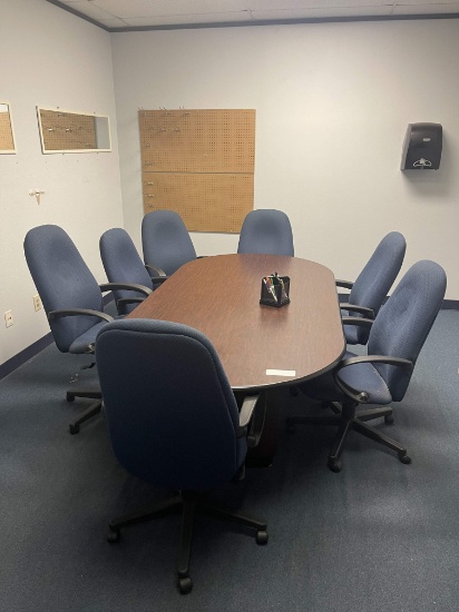 DEER PARK: 8'L x 4'W Conference Table w/ (7) Upholstered Arm Chairs; S/S Rolling Table; Keurig Coffe