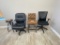 (4) ROLLING OFFICE CHAIRS; (1) METAL STOOL; (1) WOODEN AND LEATHER COUNTER HEIGHT CHAIR