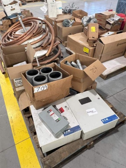 PALLET OF ASSORTED ELECTRICAL PARTS; SAFETY SWITCH; CONTROL PANELS; AND CONDUIT FITTINGS