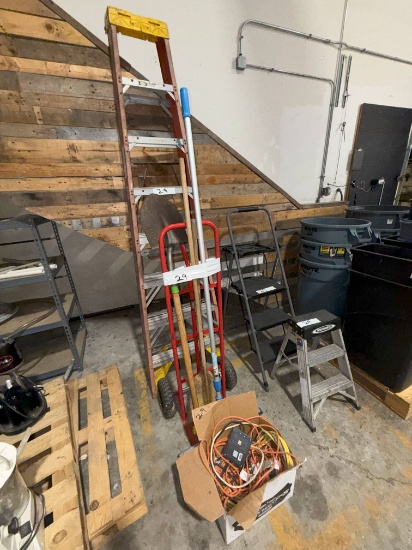 8' Ladder, (2) Step Ladders, Two-Wheel Dolly, Extension Cords & Brooms