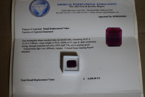 AIG CERT 11.91 CT RUBY!!! O/A