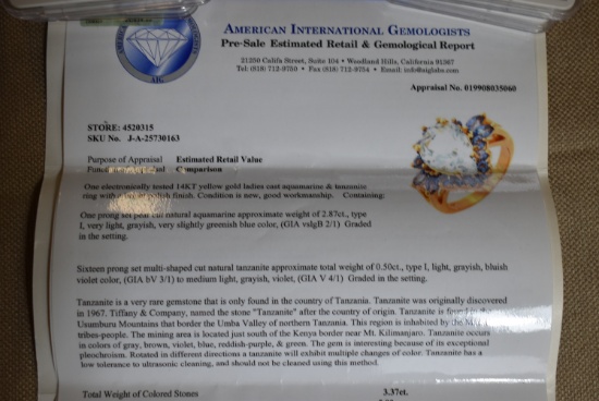 ESTATE AQUAMARINE RING AIG CERT!!! O/A