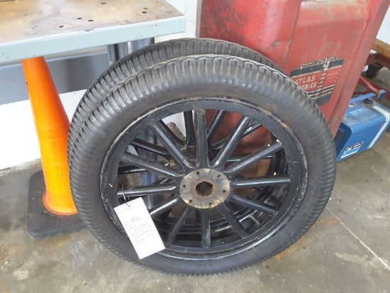 2- Wood Spoke Wheels 30x3 1/2 Goodyear Tires