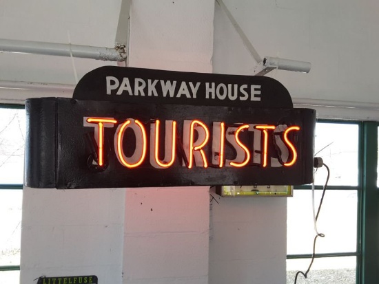 Early Neon Double Sided Parkway House Tourists Tin Sign Approx. 32"w X 12"t