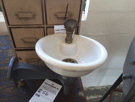 Early Cast Iron Works Porcelain Base & Brass Fixtured Drinking Fountain
