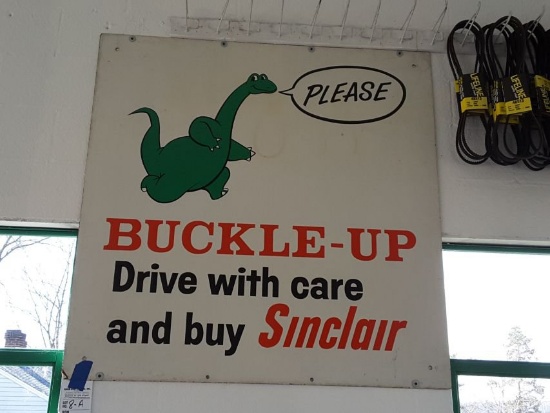 Buckle Up For Safety Sinclair Sign Circa Approx. 1965 On Composition Wood