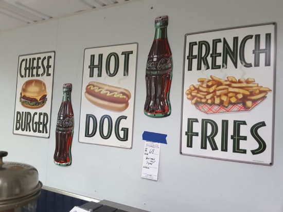 Cheeseburger, Hot Dog, French Fry Signs, & 2- Coke Bottle Ads