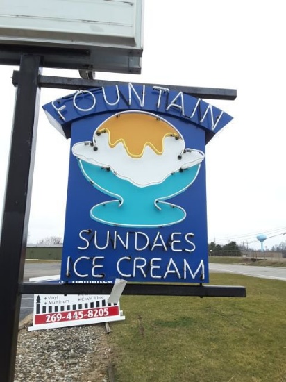 Fountain Neon Sundaes Ice Cream Double Sided Sign Approx. 46"xapprox. 60"t
