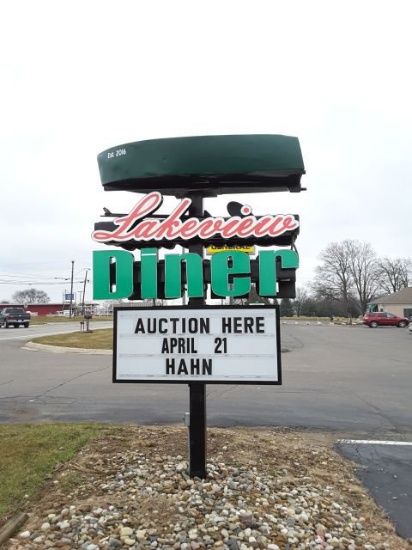 Approx. 6'w Lakeview Diner Double Sided Lighted Sign W/ Post W/ Boat Motif