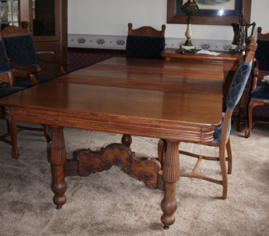 48” Square Oak 6 Leg Dinning Table With 6 Matching Griffin Head Chairs (2)