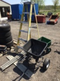 Keller 6' fiberglass step ladder, aluminum bull float and lawn seeders