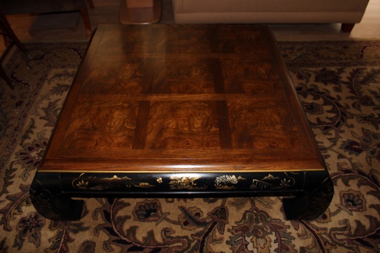 Oriental rolled walnut top 45" square coffee table