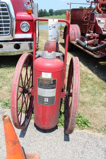 ANSUL LARGE SPOKE WHEEL ANTIQUE PULL TYPE FIRE EXTINGUISHER WITH HOSE