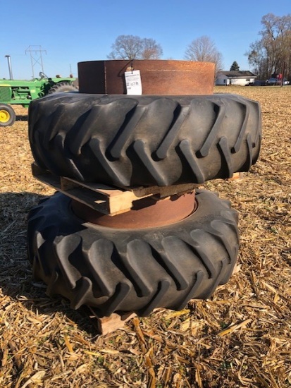 SET OF CO-OP AGRI POWER CLAMP ON 18.4-38 DUALS W/GOOD RUBBER