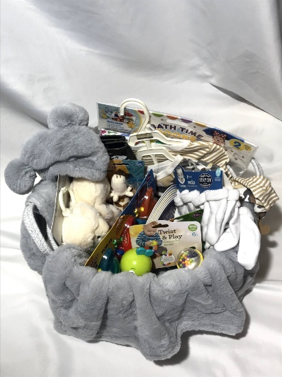 Baby Gift Basket- Onesis, socks, pacifer, books, toys, blankets, sippy cups