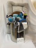 Dog Essentials Basket- Bed, Food Canister, brush, toys, chews, slo feeder.