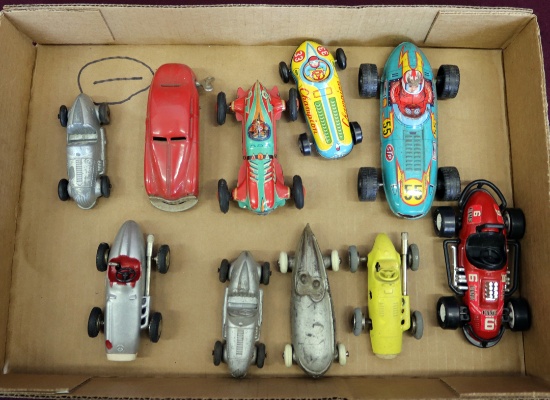 Lot of (10) Vintage Racers:  Schuco micro racer, tootsie toy racers, US zone Germany Schuco Mirakoca