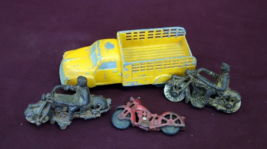 Pot Metal stake Truck & 3 Hubley Champion Motorcycles, rough tires & paint