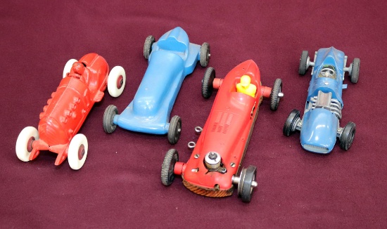 (4) race cars cast iron w/gas engine, plastic windup