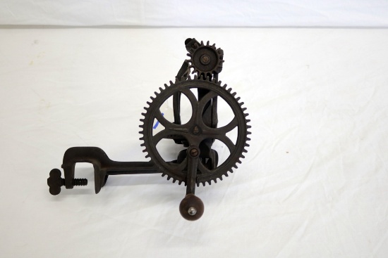 Cast iron apple peeler, pat'd May 5th, 1865, 5.5" wheel