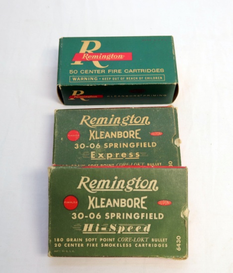 (3) ANTIQUE REMINGTON BOXES, 2 OF THEM ARE FULL OF 30.6 AND (1) 38 SPECIAL