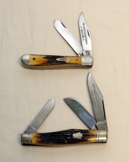 (2) KNIVES, A CASE 1992 STAG HANDLED FOLDING DOUBLE BLADE KNIFE AND A SXM 1