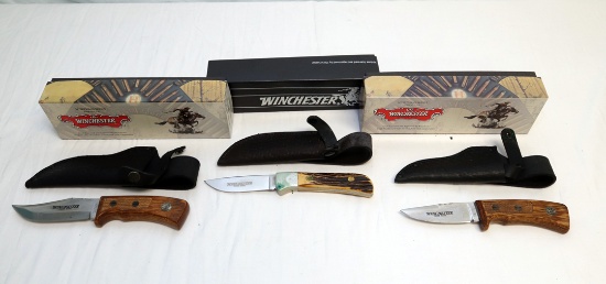 (3) KNIVES: A WINCHESTER HUNTING WOODEN HANDLE 8" AND A WINCHESTER HUNTING