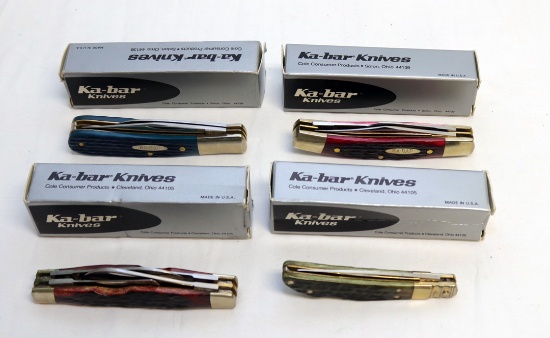 (4) KA-BAR FOLDING, VERY COLORED, STAG HANDLED FOLDING KNIVES, W/ 4, 3, 2,