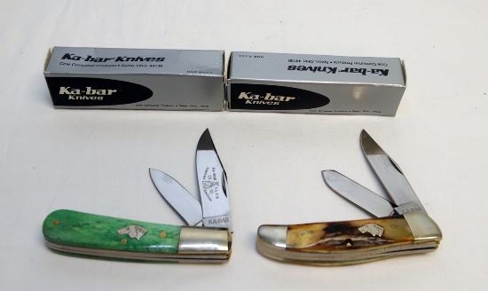 (2) DOG HEAD KA-BAR KNIVES:  1990 LIMITED EDITION #KLO90 2 BLADE W/ GREEN H