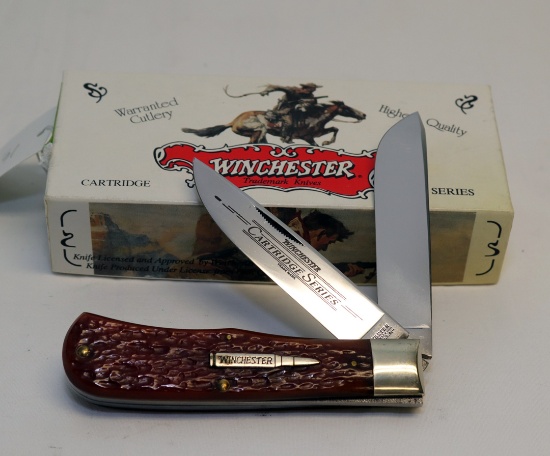 WINCHESTER BURNT ORANGE BONE JIGGING SINGLE BLADE KNIFE AND BOX