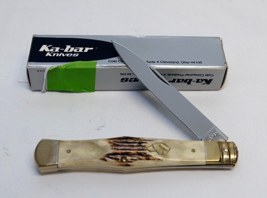 KA-BAR MODEL LJN90 #142 SINGLE BLADE DOG HEAD KNIFE AND BOX