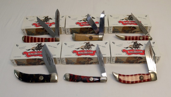(6) KNIVES RUSTY BLADES #3B HEAD STAMP SHIELD CANDY STRIPED CELLUOID , BC H