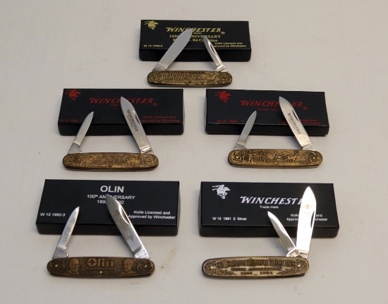 (5) WINCHESTER BRONZE KNIVES 94 CARBINE-70-125 ANNIVERSARY-1892 AND 1894