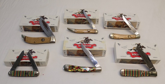 (6) WINCHESTER KNIVES: #10107 CHRISTMAS TREE; #20104 GLITTER STRIPE CELLULO