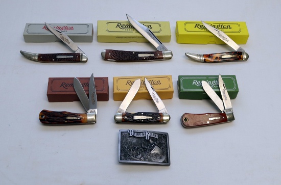 (6) VARIED REMINGTON BULLET KNIVES: PIONEER, THE FISHERMAN, TRAPPER MUSKRAT