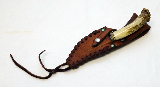9.5" FIXED BLADE W/ANTLER HANDLE, LEATHER SHEATH NO NAME