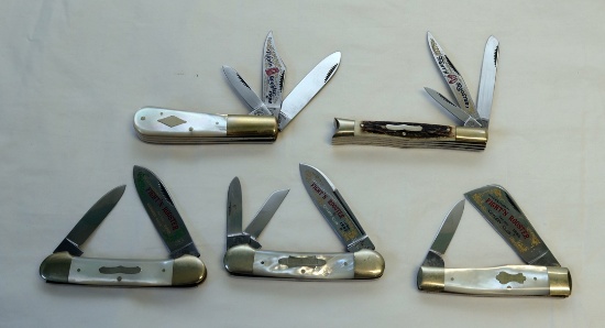 (5) FIGHT'N ROOSTER CLUB KNIVES 1989, '87, 1990, '92, AND 3 BLADE MOSTLY MO