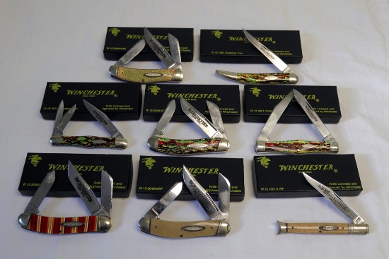 (8)WINCHESTER POCKET KNIVES SOME BONE AND VARIED HANDLES ALL HAVE RUST IN O