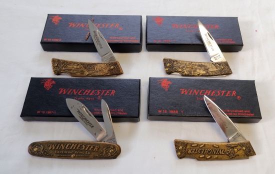 (4) WINCHESTER BRASS POCKET KNIVES IN ORIGINAL BOXES MODEL 1912, MODEL 42VS