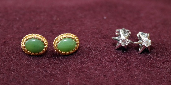 14 CT STAR DIAMOND EARRINGS AND 14 CT  NEPHRITE EARRINGS