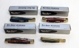(4) KA-BAR FOLDING, VERY COLORED, STAG HANDLED FOLDING KNIVES, W/ 4, 3, 2,